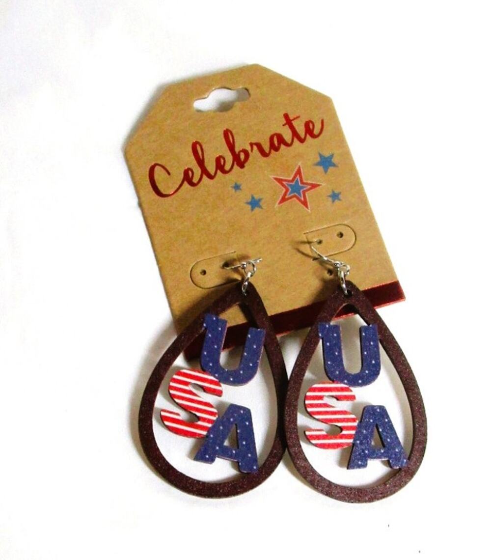 USA Teardrop Wooden Earrings Pierced Ears Patriotic Cutout Design Lightweight 2"